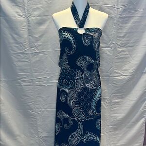 WHBM Paisley Strapless convertible Halter Maxi Dress - Black White Teal